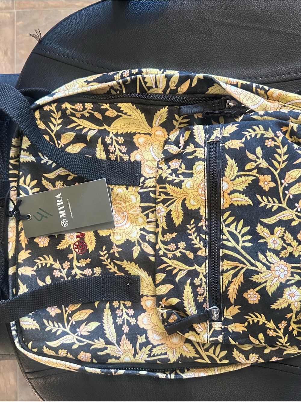 Myra Bag Black & Gold Floral Backpack
